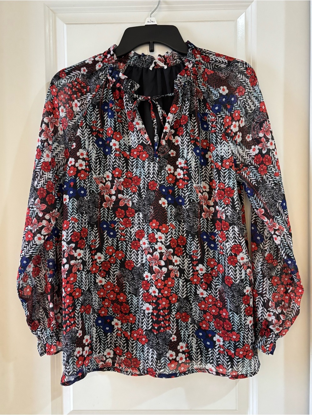 Talisea Sheer Floral Tie-Neck Blouse - Black with Red & Blue Floral S